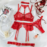 Krasapt Black Lace Embroidered Metal Buckle Sexy Lingerie Set Front Open See-through Lingerie 5Pcs Set Fancy Exotic Intimate Set