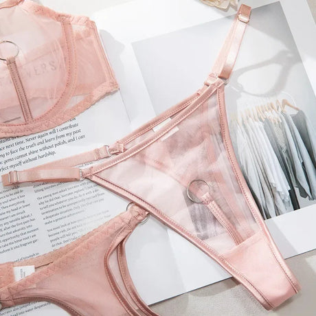 Lingerie Set Sexy See Through Mesh Push Up Bra Contrast Color Metal Ring Decor High Elasticity Two Piece Sexy Lingerie for Women