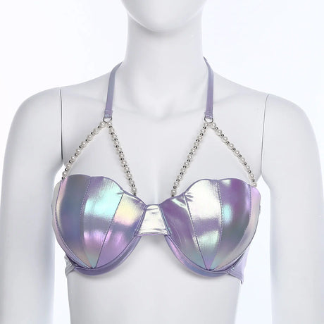 Women Shiny Bikini Bra Top Halter Neck Sheel Mermaid Swimwear Bead Chains Padded Bra Swim Tops Hawaii Beach Party Bathing Suit