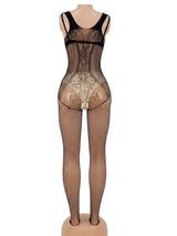 European American Lingerie Sexy Mesh Outfit Hollowed Out Mesh Through Vertical Sexy Mesh Fishnet Stripe Open Crotch One Piece