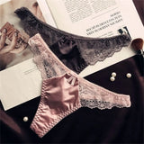 Hollow Lace Sexy Glossy Satin Silk Smooth Thong Women Sexy Low Waist G-string Underwear Bow Seamless Lingerie