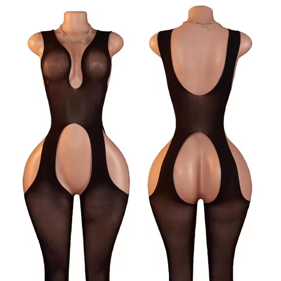Women's Sexy Pink Mesh Underwear High Elasticity Fishnet Hollow Out Three Piece Open Crotch Babydoll Set Exotic Lingerie
