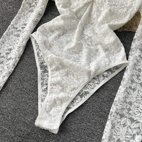 Sexy Mesh Lace Bodysuit  Fashion Long Sleeve V-neck One Piece Basic Hotsweet Women Print Gothic Slim  Streetwear Jumpsuit Ins