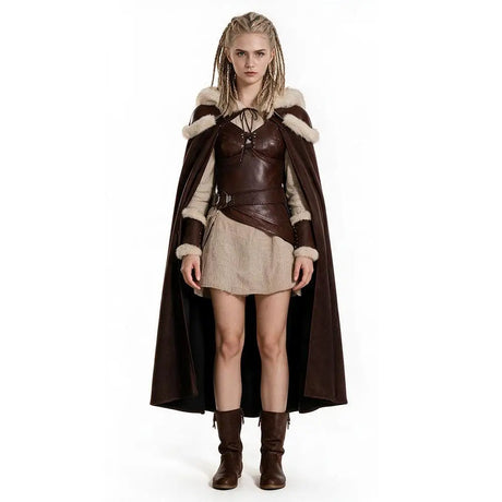 Women New Viking Barbarian Cape Goddess Warrior Plush Cape Retro Plush-Trimmed Hooded Cloak Set Medieval Retro Halloween Costume