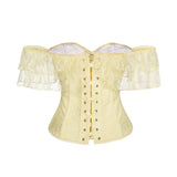 Women Sky Blue Retro Jacquard Corset Tops Lace Short Sleeved One Shoulder Sexy Slimming Shaper Overbust Bustiers Lingerie