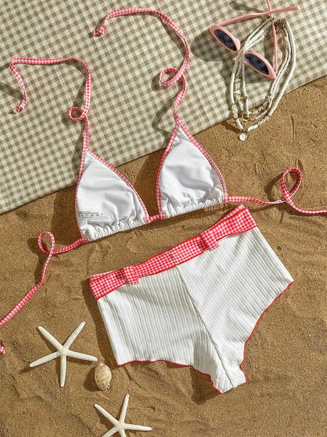 Women 2 Piece Swimwear Ribbed Bikini Gingham Trim Halter Triangle Top Bow High‑Waisted Bikinis Boyshort Summer Beach Swimsuit