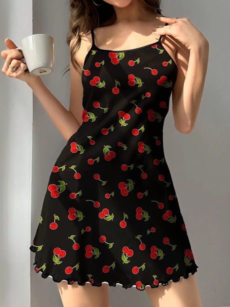 New Women's Silk Satin Print Nightwear Home Clothes Sexy Sleeveless Ruffled Hem Sleep Dress Female Comfortable Nightgown Clothes