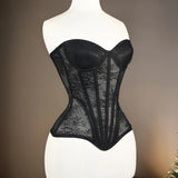 Women Mesh Corset Busiter Overbust Cups Push Breast Floral Lace Bodice Sext Tansparent Strapless Crop Tops Lace Up Steel Boned
