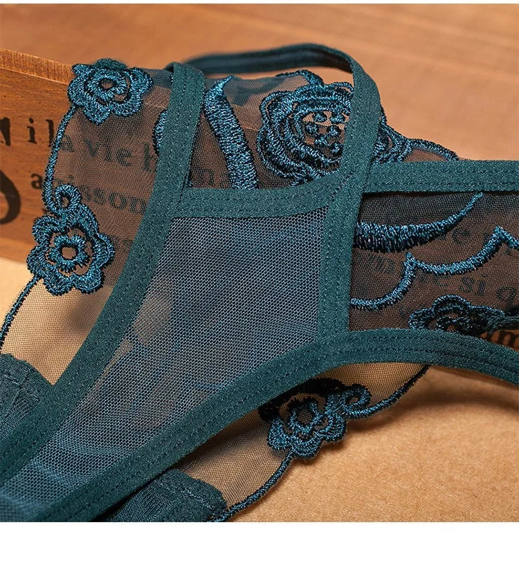 Women French Embroidery Panties, Low Waist Sheer Straps Seamless Breathable Plus Size Triangular Underwear