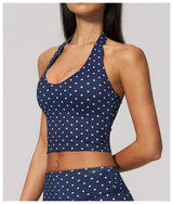2026 New Polka Dot Halter Neck Sports Bra Deep V Backless Yoga Top Women's Gym Workout Tank Pilates Training Activewear Vest