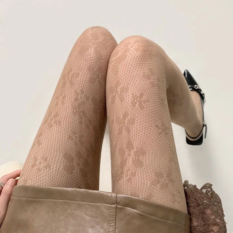 Sexy Hollowed Lace Mesh Stockings with Bottom Pantyhose Lolita Retro Floral Vine White Black Brown Stockings for Women Tights