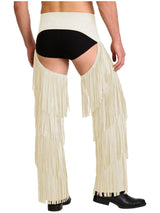 Mens Western Cowboy Chaps Fuax Suede Tassel Hollow Out Open Crotch Long Pants Adjustable Buckles Waist Motorcycle Biker Trousers