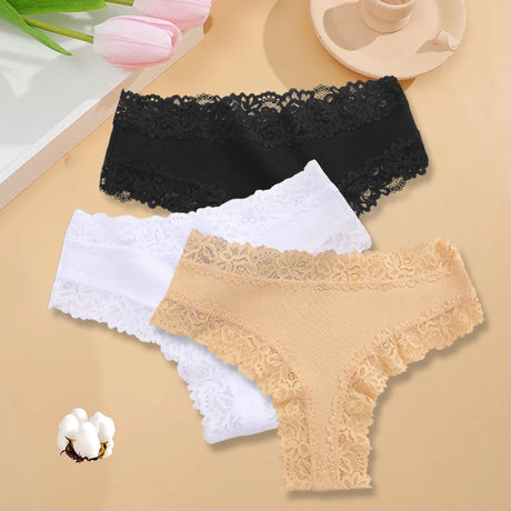 3PCS/Set Sexy Lace Seamless Cotton Brazilian Panties Women Ribbed Intimates Breathable Panties Low Waist Female Cotton Underwear