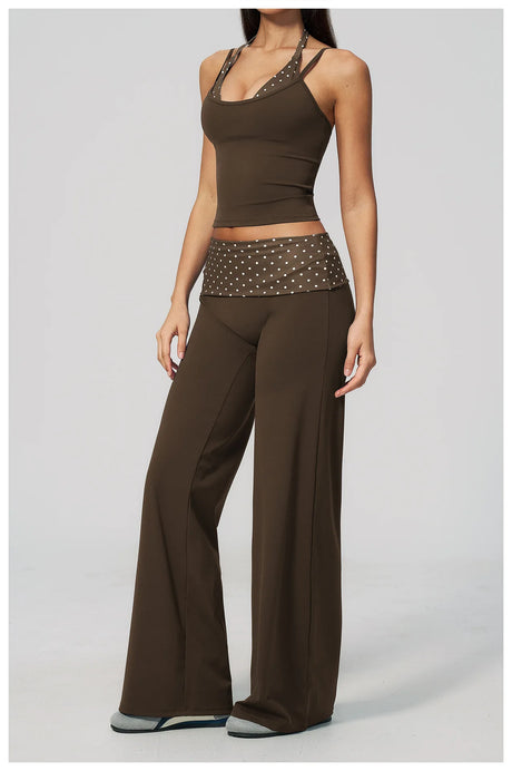 Fashion Polka Dot And Striped Wide Leg Pants For Women Fold Over Waist  Bell-bottoms Flare Yoga Pants Push Up Workout Leggings