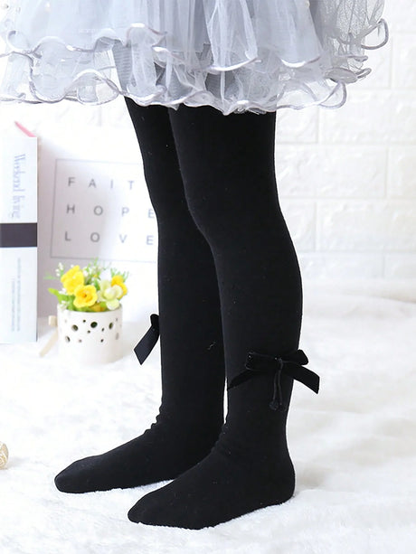 5 Pairs Solid-Color Leggings for Girls with Bownot Decoration,Breathable Pantyhoses Suitable for Daily Wear in Spring and Autumn