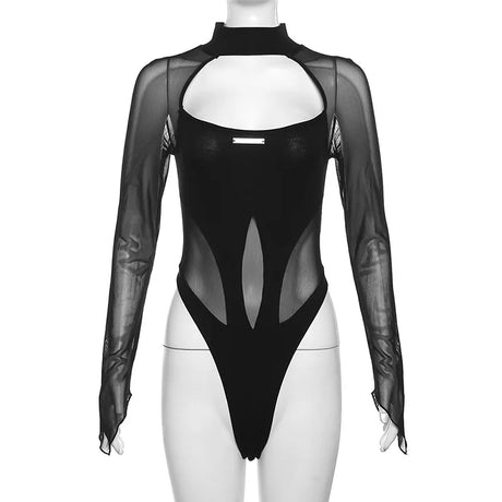 Mesh Long Sleeve Hollow Out Bodysuit Streetwear All Season Fashion Women's Solid Color Slim Fit Tops Y2k Gothic Sexy Rave Outfit