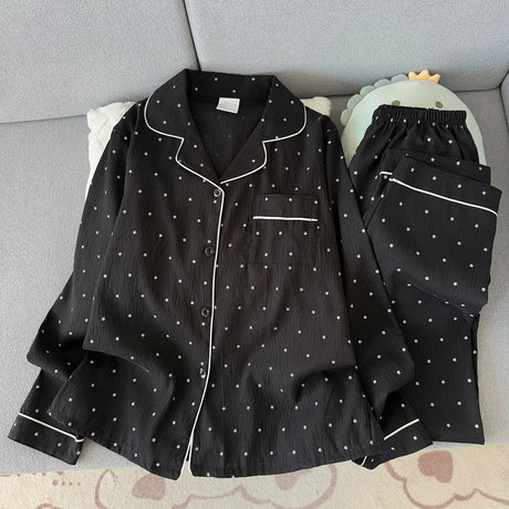 Spring and Autumn Large Black Pajama Women's Long Sleeve Set Sweet Cardigan High End Home Clothes Ladies Nightwear Star Print