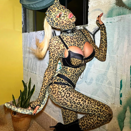 Ellolace Sexy Clothes Women Lingerie Hot Cosplay Hollow Out Leopard Long Sleeve Pants Set Fetish Party Costume with Headgear Kit