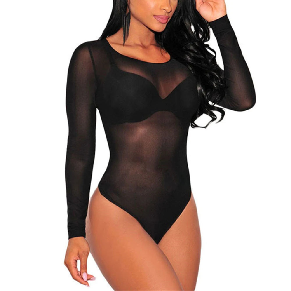 Sexy Women T Shirt See Through Mesh Black Long Sleeve Bodysuit Sheer Slim Turtleneck Tulle Crop Top T-Shirt Transparent Clubwear