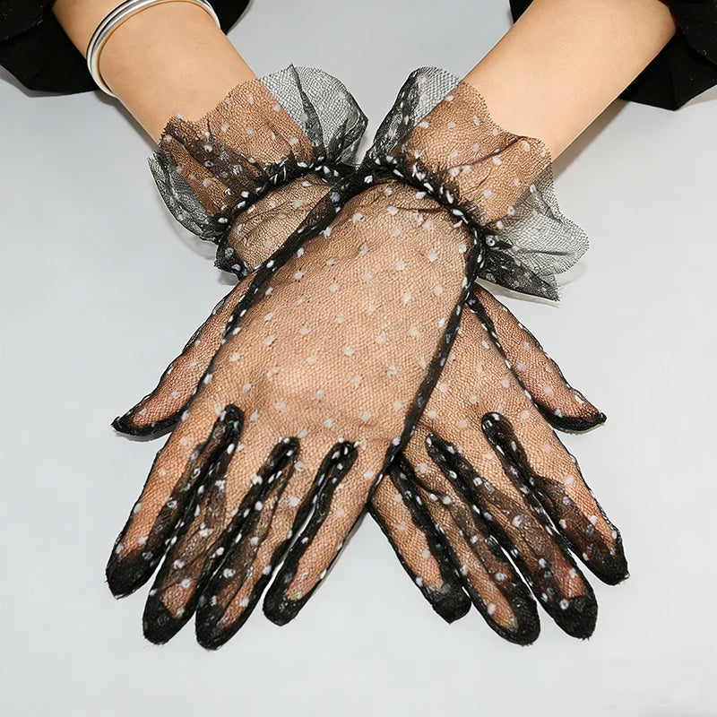 Short Dot Embellished Wedding Veil Performance Gloves for Women Netting Bridal Wedding Gown Polka Dot Gloves Breathable Gloves