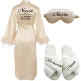 Customized Bathrobe for Women Personalized Name And Date Robe Add Any Text Gown for Bridal Party Feather Bride Robes
