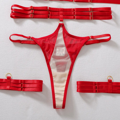 Diccvicc Sexy Red Strappy Lingerie Set Sheer Mesh Cutout Cross Halter Bra Cage Garter Thigh Bands Thong Exotic Women Underwear
