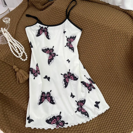 Summer Women Satin Sleepdress Cute Teddy Bear Butterfly Heart Floral Pinting Sleepwear Ladies Sexy Sling Ruffled Hem Loungewear