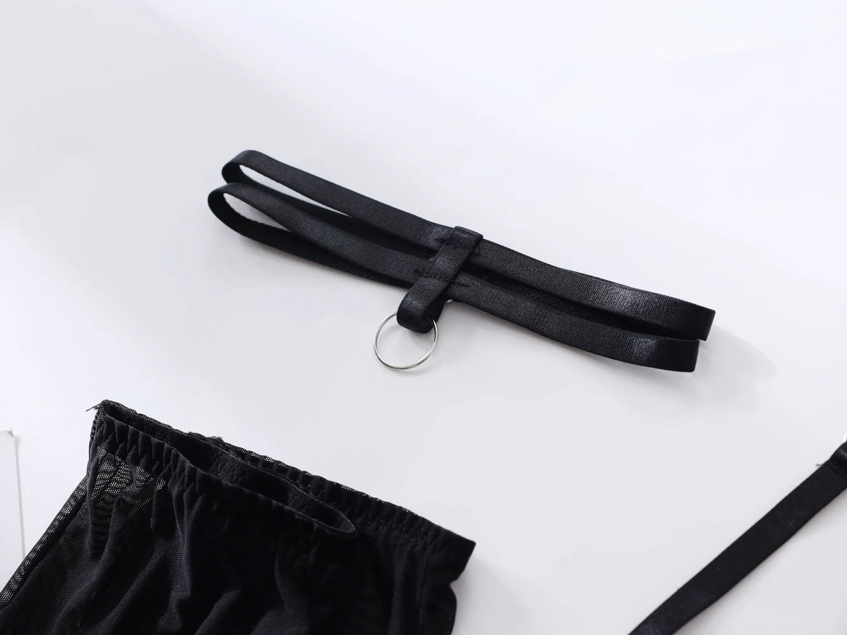 Cupless Lingerie Set Silk Bra Thigh Straps 3Piece Satin Bowknot Erotic Underwear for Women