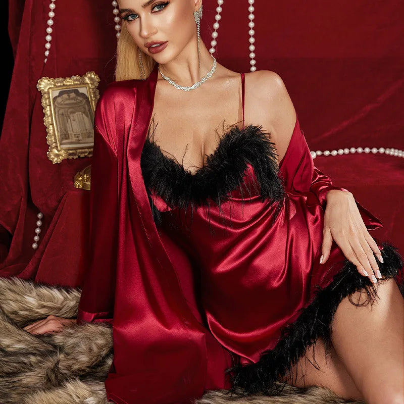 New European Luxury Plus Size Women Pajama Set Sexy Spaghetti Strap Nightgown with Fringe Trim Matching Robe Loungewear