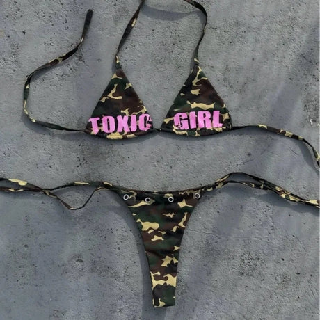 Y2K Cartoon Monster Bikini Halter Triangle Cup Tie Side Two Piece Beach Swimsuit