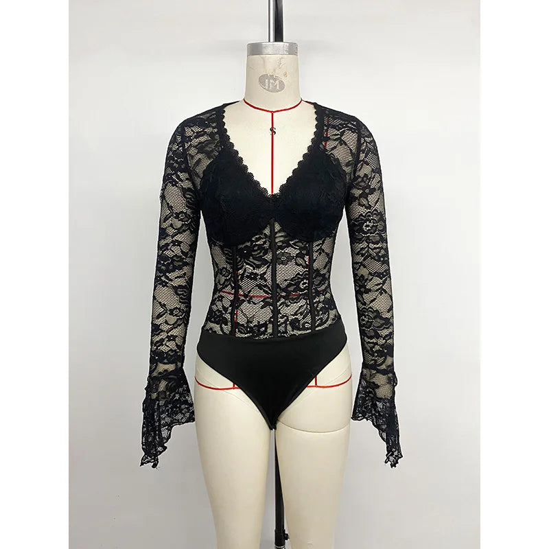 Benuynffy Black V-neck Long Sleeve Bodysuit Women's Sexy See Through Lace Bodys for Women Slim Fit One Pieces Tight Body Top