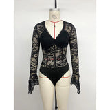 Benuynffy Black V-neck Long Sleeve Bodysuit Women's Sexy See Through Lace Bodys for Women Slim Fit One Pieces Tight Body Top