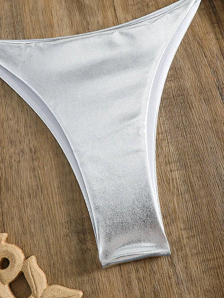 Sexy Metallic Halter Bikinis Sets Lace Up Triangle Tie Side Bikini 2024 Swimsuit Women Swimwear Brazilian Female Bathing Suits
