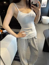 Cute Coquette Y2K Women White Ribbed Cami Tank Top V‑Neck Double Lace Trim Sleeveless Slim Fitted Aesthetic Casual Layering Tops