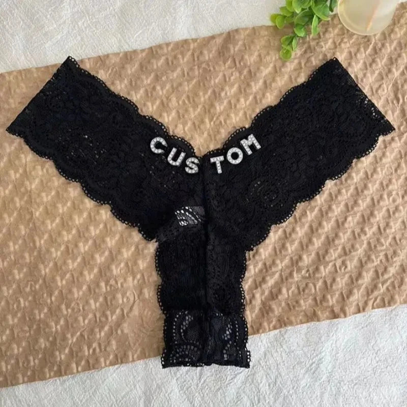 Personalized Text Custom Thong Customization Name Crystal Letters Panties Sexy Lace Underpants for Woman Wife Girlfriend Gift