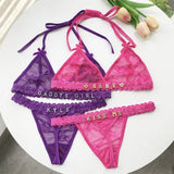 Name Custom Crystal Letter Thong Lace Tie Neck Bikini Bra Panties Sexy Personalized Name Low Waist G-String Underwear Bra Set