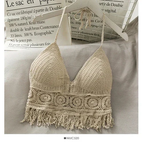 2026 Crop Tops Retro Wild Hollow Perspective Tassel Sexy Spaghetti Strap Tanke Top Women Built In Bra New Back Lace Halter Neck