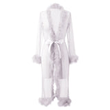 Sexy Mesh Feather Nightdress For Women Thin Robe Long Lingerie Nightgown Bathrobe Pajamas Sexy Lingerie Sleepwear Porn Babydoll