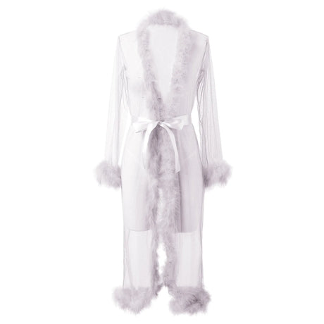 Sexy Mesh Feather Nightdress For Women Thin Robe Long Lingerie Nightgown Bathrobe Pajamas Sexy Lingerie Sleepwear Porn Babydoll