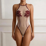 Toucheart Erotic Bodysuit Women's Printed Mesh Jumpsuit Sexy Intimate Hollow See-through Backless One-piece Underwear for Women