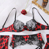 Diccvicc Sensual Lingerie Woman See Through Sexy Lace Bra Garter Belt Leopard Underwear with Stocking Glove Exotic Intimate Wear