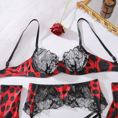 Diccvicc Sensual Lingerie Woman See Through Sexy Lace Bra Garter Belt Leopard Underwear with Stocking Glove Exotic Intimate Wear