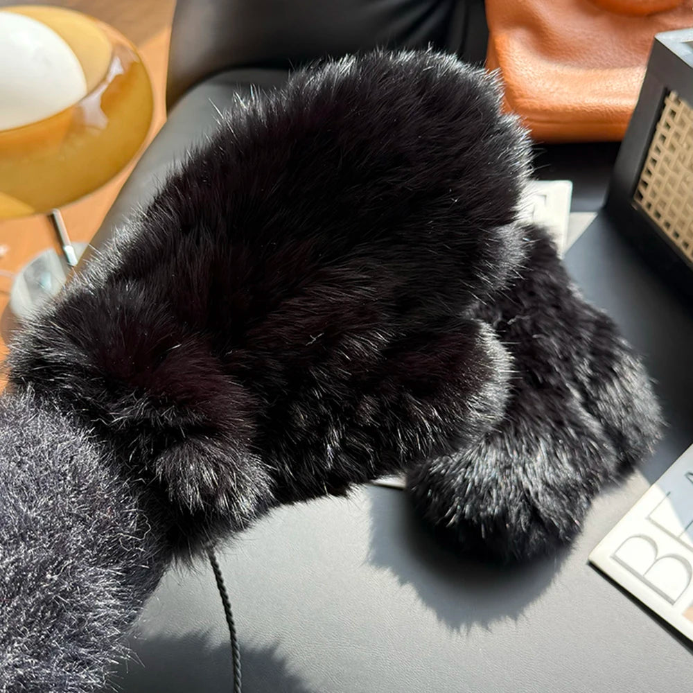 Hot Sale Women's 100% Natural Rabbit Fur Winter Gloves Warm Knit Thick Thermal Mittens Soft Real Fur Outdoor Cold Weather Glove