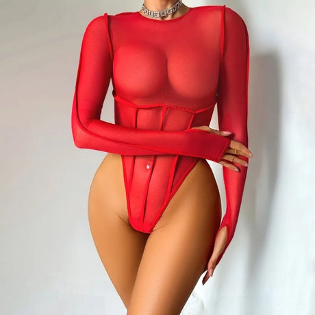 Red Exotic Bodysuits Tempted Fitting Lingeries Femme Ultra Hot Sexy See Through Mesh Splicing Crotchless Teddies Sissy Underwear