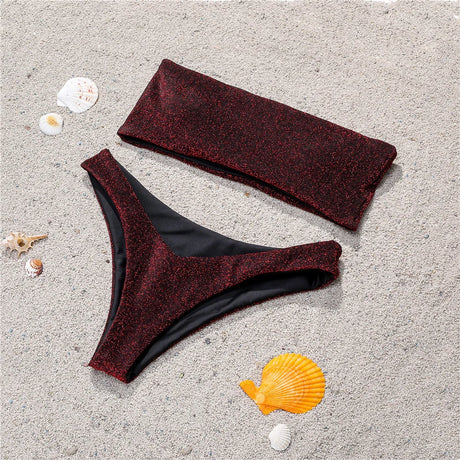 Shiny Bikini Bandeau Swimsuit Tinsel Swimwear Y2K Trend Women Strapless Micro Bathing Suit Brazilian Beach Outfit Bikinis Tangas