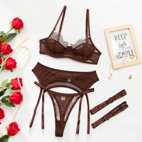InstaBay Delicate Lace Lingerie 4 Pcs Sets Woman Mesh Patchwork See Through Bras And Thongs Garter Suits Erotic Intimate Outfit