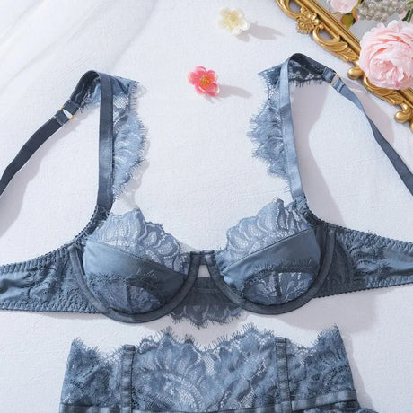 Women's Blue Lace Lingerie Set 4 Piece Bra Panty Garter Belt Stockings Underwire Adjustable Straps Sexy Romantic Nightwear 2026