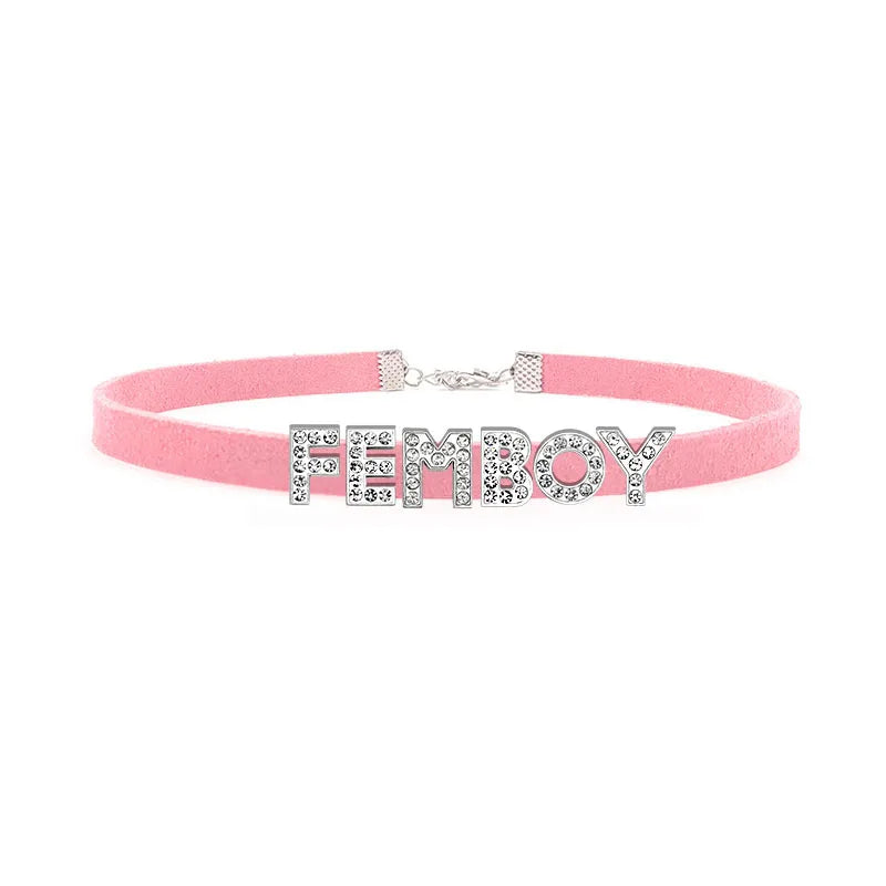 Sexy Rhinestone Letters Hotwife Collar Choker for Women Men DIY Customized Necklaces Pink Suede Leather Cosplay Jewelry Gift