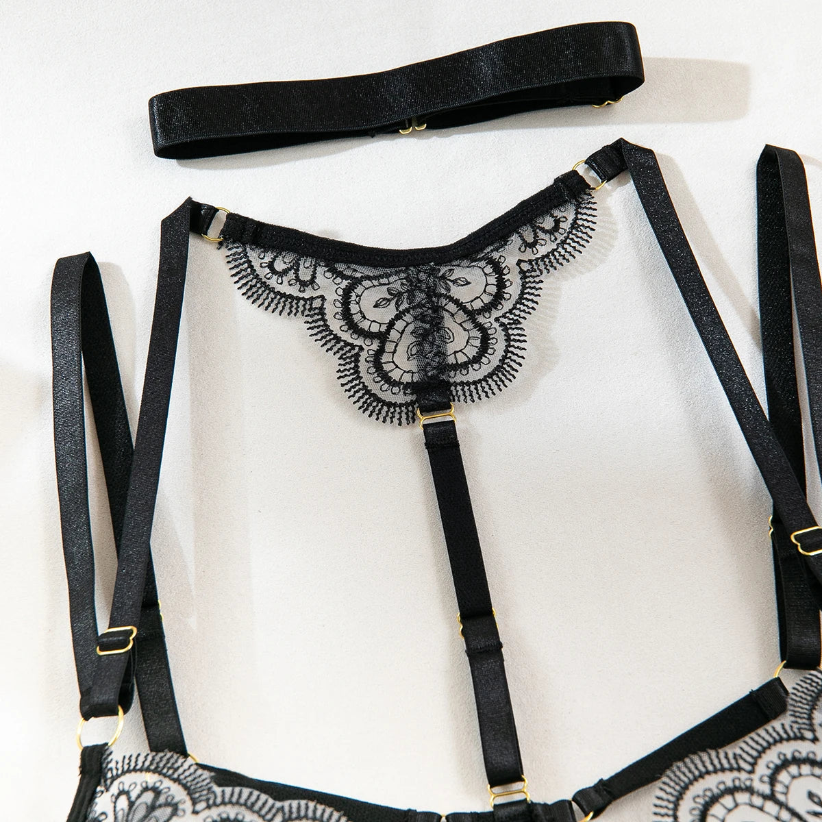 Krasapt Black Lace Embroidered Metal Buckle Sexy Lingerie Set Front Open See-through Lingerie 5Pcs Set Fancy Exotic Intimate Set