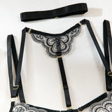 Krasapt Black Lace Embroidered Metal Buckle Sexy Lingerie Set Front Open See-through Lingerie 5Pcs Set Fancy Exotic Intimate Set